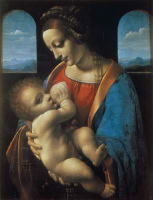Мадонна с младенцем (Мадонна Литта).  Картина Леонардо да Винчи.  Около 1485-1490 гг.